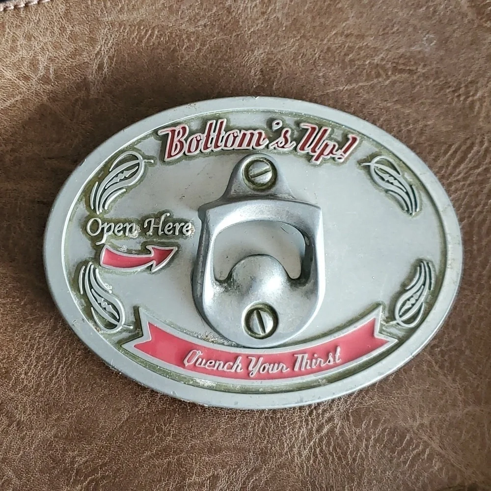 VINTAGE 90s BOTTOMS UP BELT BUCKLE WITH BOTTLE OPENER